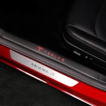 

1set Carbon Fiber Leather Car Door Sill Protector Threshold Sticker Pad Anti-kick Film Interior Modification For Tesla Model 3