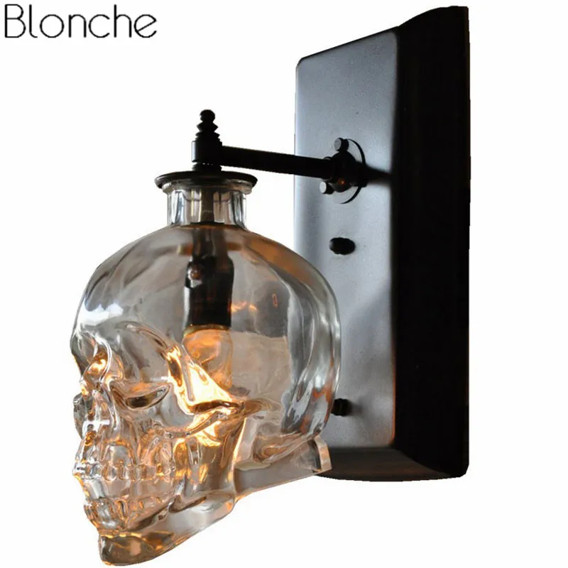 Retro Skull Bones Wall Sconce Light Fixtures Vintage Glass Wall Lamp Loft Decor 