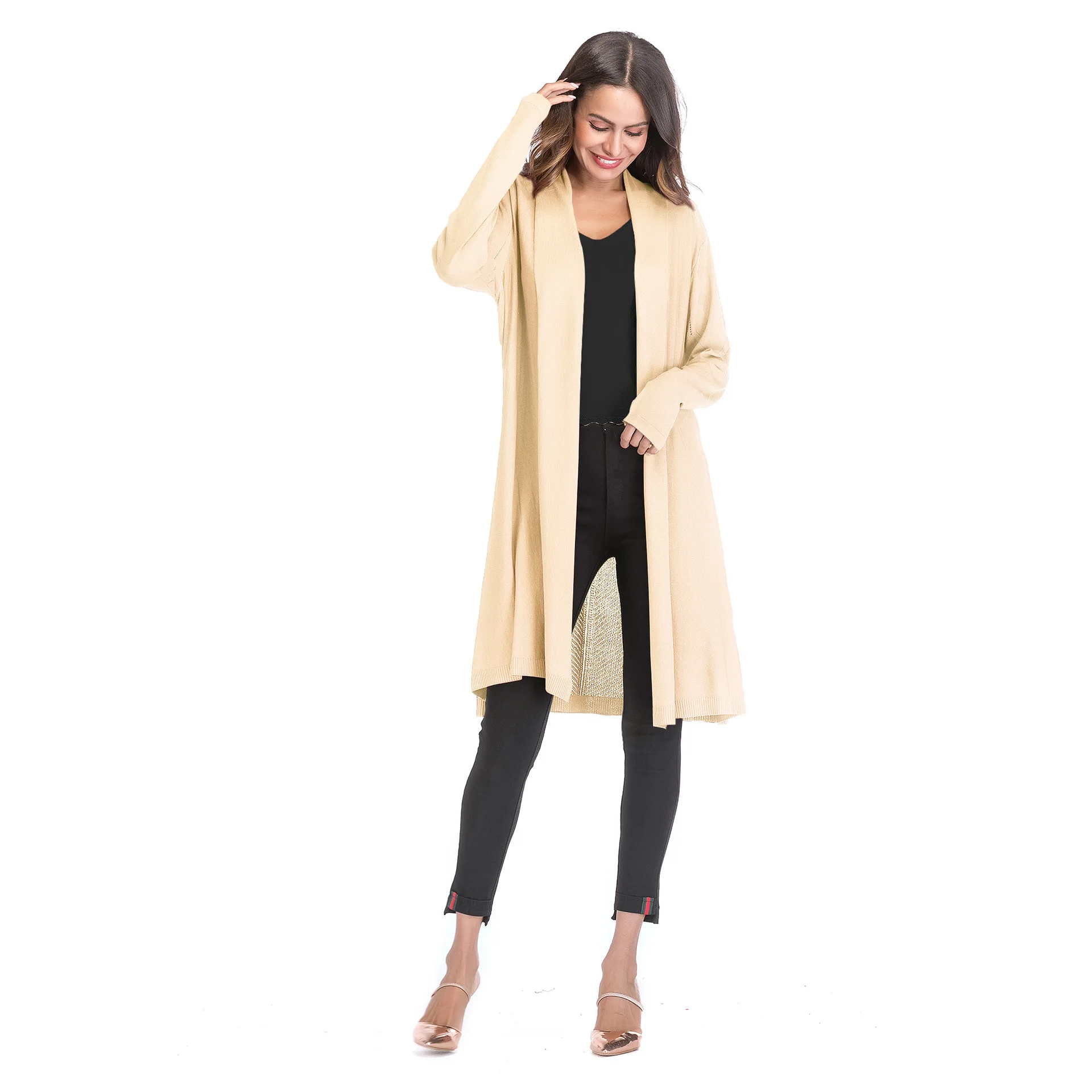 

Foreign Trade in Europe and America 2020 Autumn and Winter New Hollow Knitted Jacket Women's Solid Color Lon