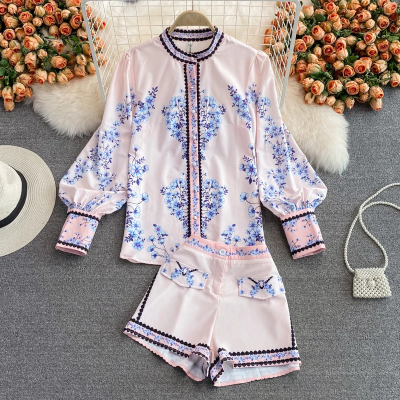 coord sets women Fashion 2 Piece Suit Women Runway Designer Print Lantern Sleeve Blouses and High Waist Shorts Set Office Beach Outfit N65649 midi skirt co ord