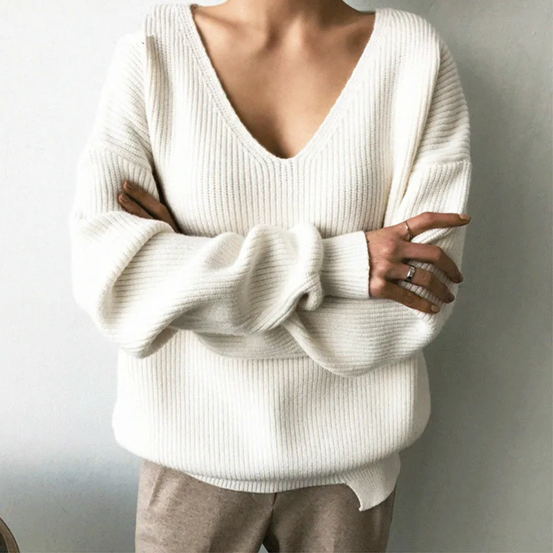 

2019 Winter Women's Sweaters V-Neck Minimalist Tops Fashion Solid Sweater Women Korean-style Knitting Casual Sweater For Women