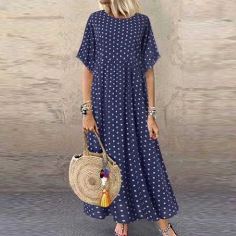 Lipswag Элегантное Длинное платье в горошек, летнее свободное пляжное платье с коротким рукавом, женское Повседневное платье размера плюс, женское платье Vestidos - Цвет: Dark Blue
