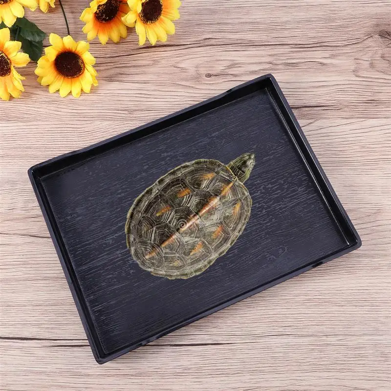 1Pc Wood Reptile Rest Bath Tray Tortoise Food Water Dish Turtle Feeding Simulated Wooden Grain Bowl Household Pet Supply (Black)