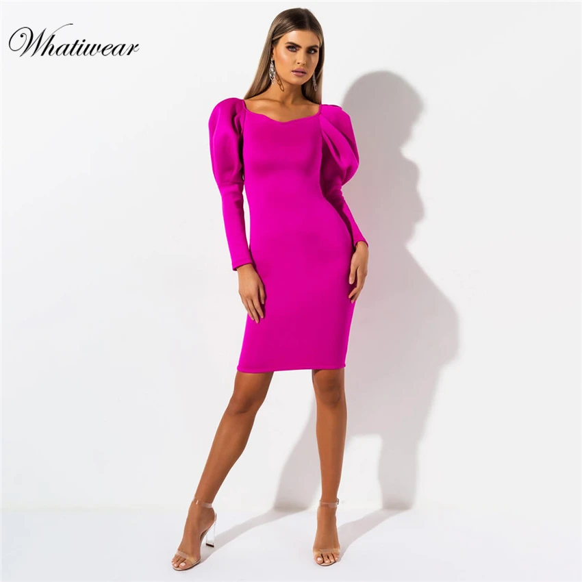 Whatiwear летнее Мини платье однотонное вечернее платье уличная Женская вечерняя одежда с открытыми плечами и пышными рукавами Vestidos de festa
