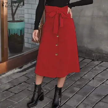 

Women's Spring Sundress 2020 ZANZEA Stylish Ruffle Midi Skirts Casual Belted Faldas Saia Female Button Split Robe Plus Size 5Xl