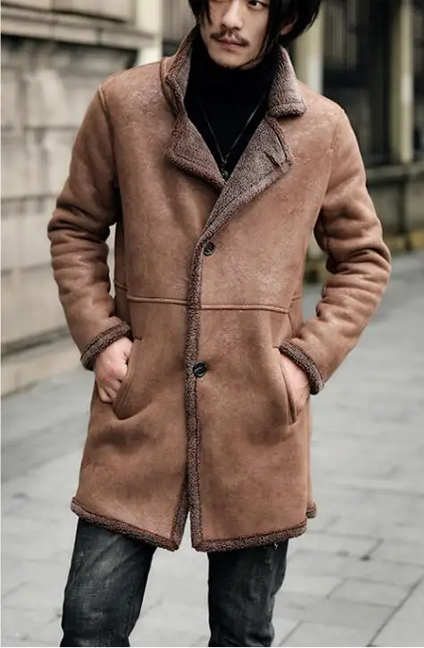 Europe and the United States plus velvet thick long leather men's winter slim lamb fur fur motorcycle jacket size M-5XL - Цвет: Brown