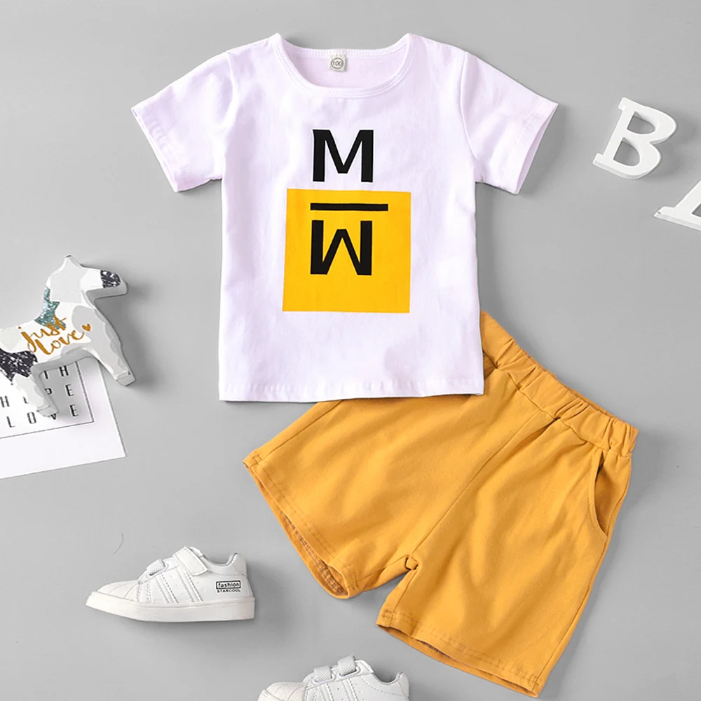 

Baby Boys Summer Casual Outfits Letter Printed Round Neck Short Sleeve T-shirt Tops Soild Color Shorts 2Pcs Clothes Set D30