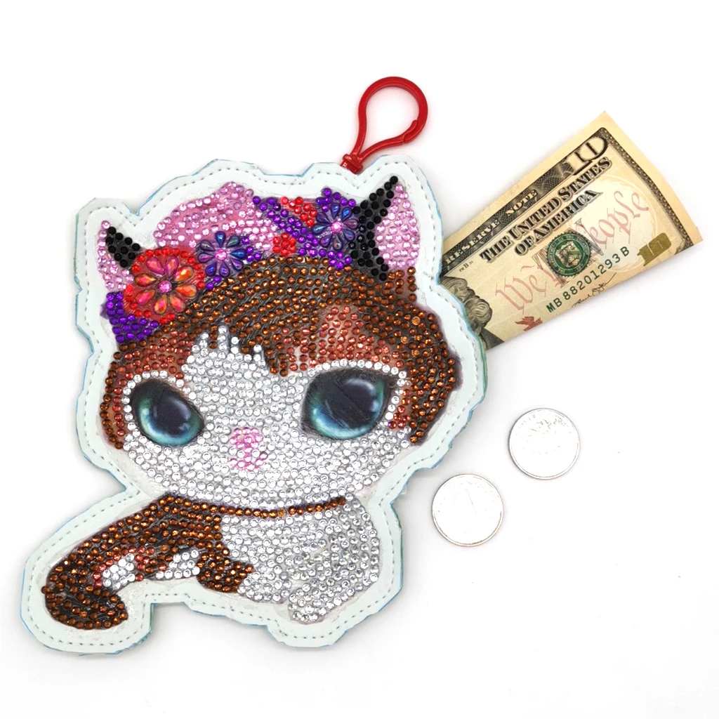 DIY Full Drill Diamond Painting Cross Stitch Wallet Bag Cute Purse Kitten Pattern Keychain Pendants Xmas Gift for Girls Kids