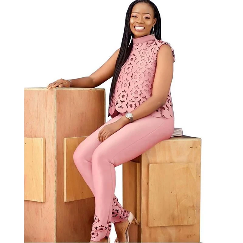 

2PC Women Two Piece Sets Lace Hollow Out Crop Top & Pants Set Lady Office Party Outfits Female 2 Piece Set Elegant Women Outfits