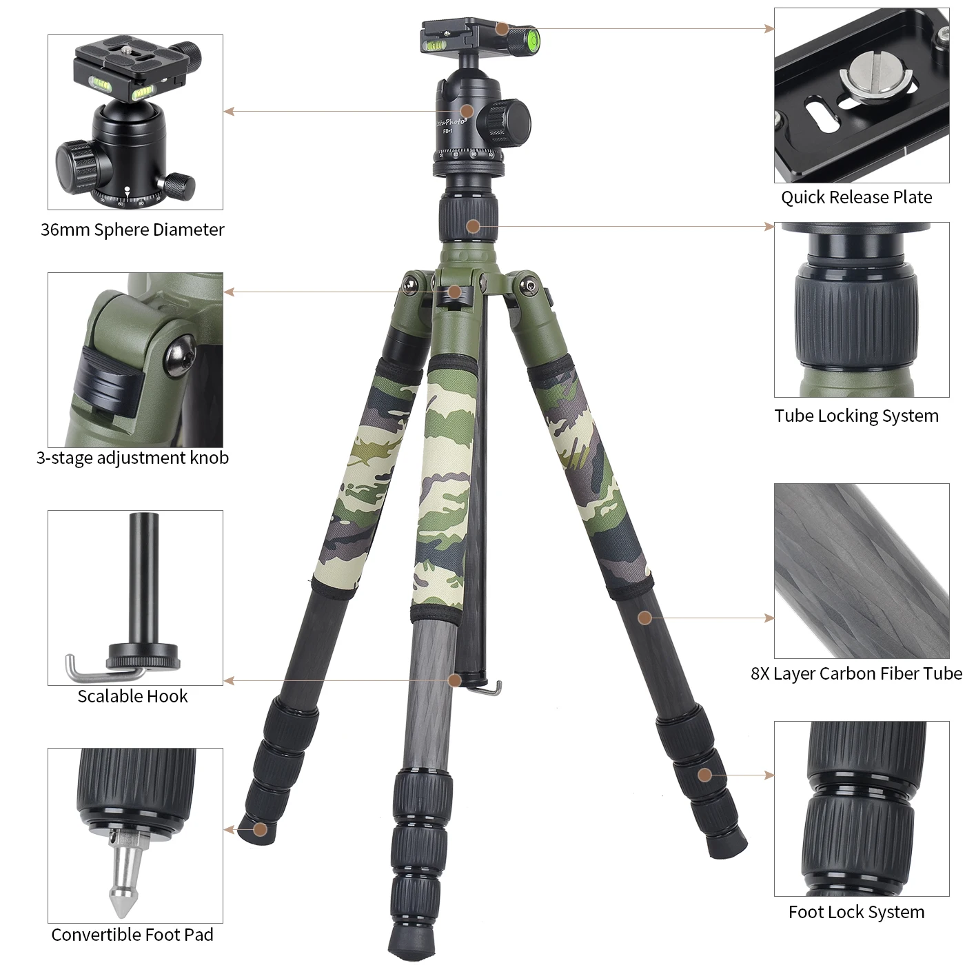 XILETU T284CFB1 Professional Carbon Fiber Tripod DSLR Camera Panoramic Head Support Tripod Riffle Rest Stand Hunting Stan