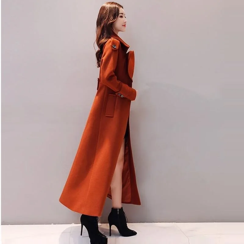 brown X-Long Новая женская верхняя одежда зимняя одежда модная теплая шерстяная смесь тонкое женское элегантное двубортное шерстяное пальто - Цвет: brown