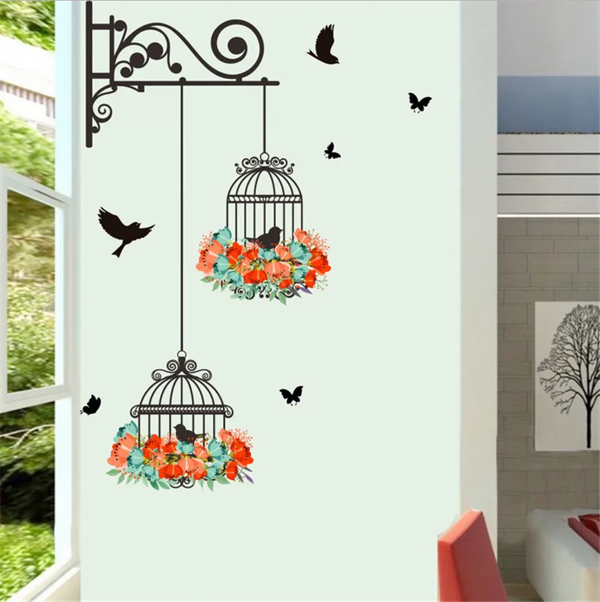 

New Birdcage Flower Flying Stickers for Wall Living House Nursery Room Vinyl Wall Decals Wall Sticker for Kids Room Home Decor