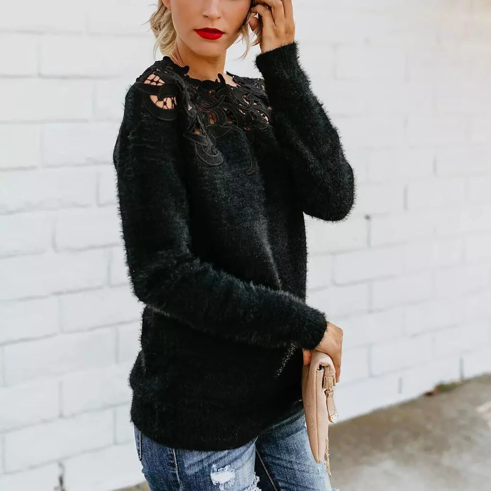 Sexy Black Lace Women Hollow Sweaters Long Sleeve Pullover Tops Sweater Ladies O Neck Jumper Hollow Out Knitwear