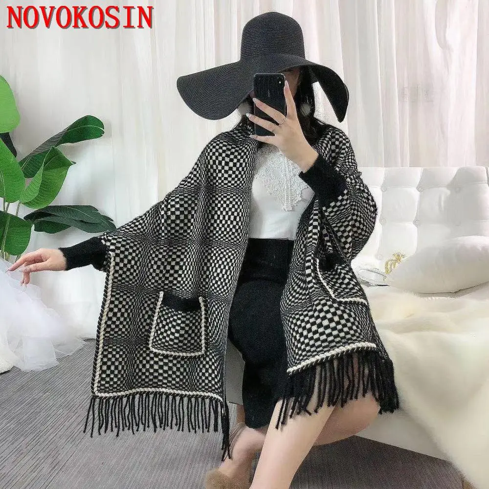 

2020 Oversize Batwing Long Sleeves Cardigan Winter Faux Cashmere Poncho Women Female Printed Wrap Vintage Shawl With Pocket