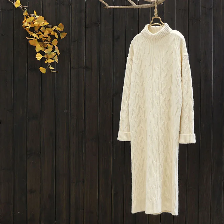 

7219 New Style Winter WOMEN'S Dress Loose-Fit Slimming over-the-Knee Long Knit Sweater Dress High Collar Long Sleeve Base Dress