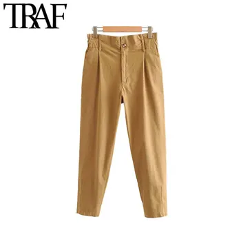 

TRAF Women Vintage Stylish High Waisted Pockets Harem Pants Fashion Elastic Paperbag Waist Zipper Fly Female Pants Pantalones