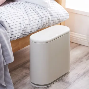 

Plastic Trash Can Pressing Type Dual Compartment Oval Slim With Lid Household Garbage Cans Narrow Waste Basket Convenient