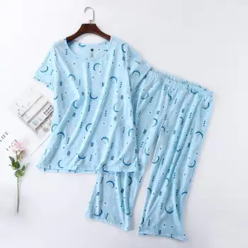 

Ladies Sets Pajamas with Short Sleeves Cute Cartoon European Version of Summer Thin Knit Cotton Home Service