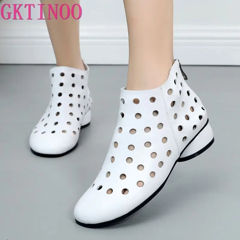 

GKTINOO 2024 Summer Ankle Boots Genuine Leather Shoes Women Med High Heel Back Zipper Boots Cutout breathable Mujer Zapatos