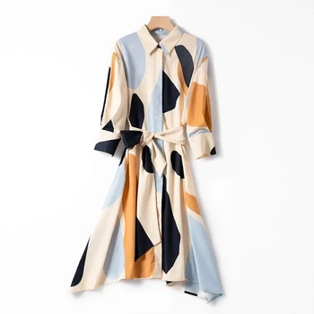 

2020 Women Watercolor Printed Shirt Dress Long Sleeve Turn-down Collar Patchwork Asymmetrical Loose Dresses With Sashes