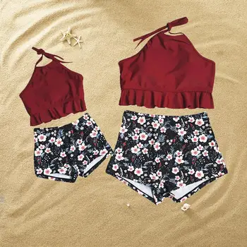 

PatPat 2-piece Mom and Me Sweet Ruffles Floral Printed Swimsuit Set in Crimson Ruffles Hem Halter Top Backless Summer Leisure