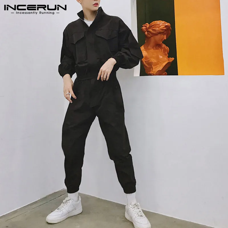 Online INCERUN 2019 Moda hombre Jumpsuit Joggers de manga larga mono liso cremalleras Cargo overoles Hiphop Casual Pants Men Streetwear 5XL