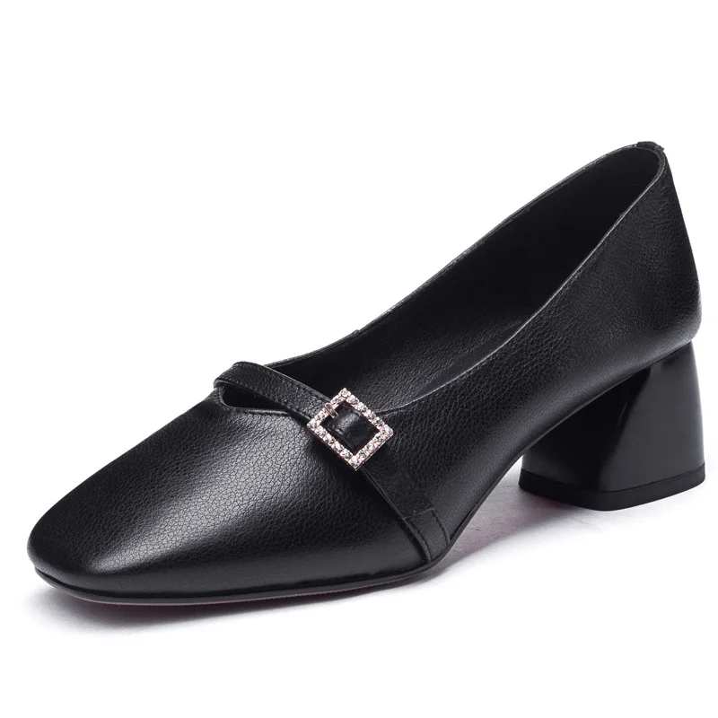 

Mid Heels Women Genuine Cow Leather Spring Autumn Elegant Ladies Heel Buckle Shoes C179 Woman Apricot Black Square Toe Pumps