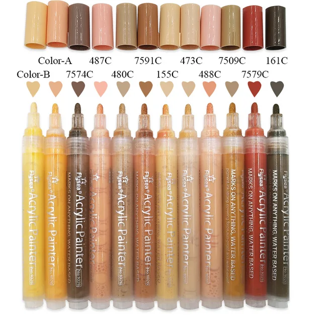 12/28/80Colors Set 0.7MM 2.0MM Acrylic Paint Marker Pen Art Markers Supplies On Rock Glass Canvas Metal Ceramic Mug Wood Plastic 12 Skin Colors-2.0MM