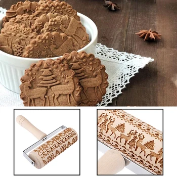 

Christmas Wooden Rolling Pins Push-Style Embossed Rolling Pin For Baking Embossed Cookies DIY Manual Rolling Pins Kitchen Tools