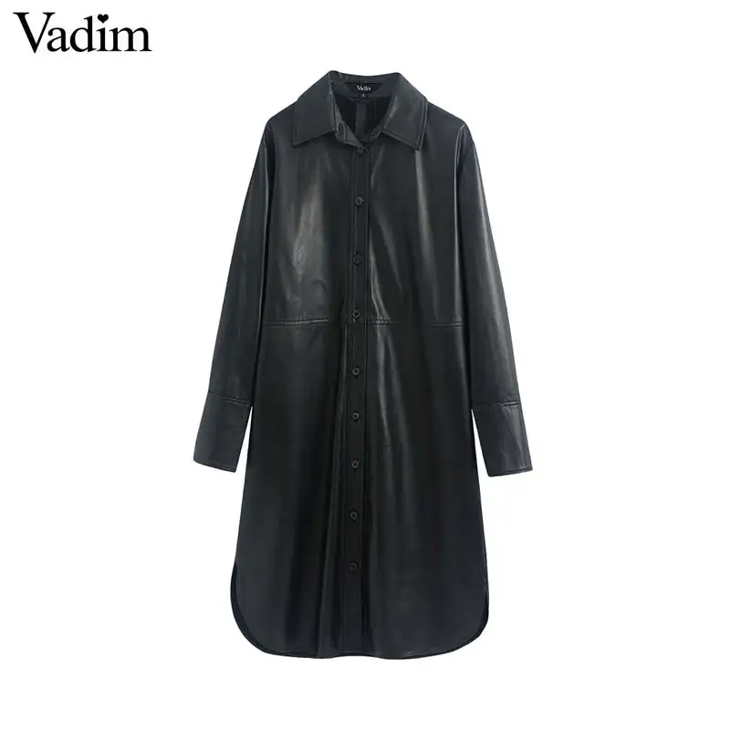 

Vadim women PU leather black long blouse loose style long sleeve shirts female casual stylish chic solid tops blusas LB762