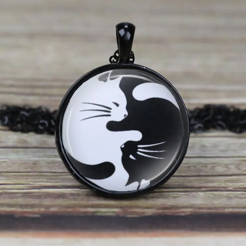 Yin Yang gato blanco y negro encanto collar gato foto cristal cadena colgante collar gato vidrio azulejo joyería regalo para ella _ - AliExpress Mobile