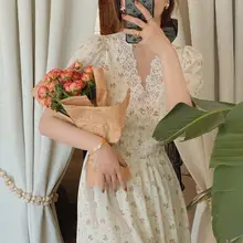

2021 Vintage Floral Dress Women Elegant Lace Chiffon Korean Party Dress Puff Sleeve V Neck Midi Dress Fall Dresses