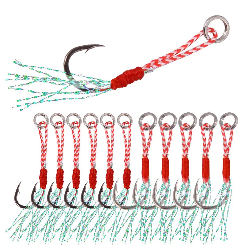 

20pcs/Lot Fishing Lure Slow Jigging Fishing Cast Jigs Assist Hook Barbed Single Jig Hooks Thread Feather Pesca High Carbon Steel