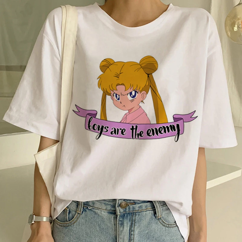Sailor Moon/летняя новая модная футболка Женская Harajuku короткий рукав забавная футболка Ulzzang футболка с милым котом женские футболки с рисунком - Цвет: 3037