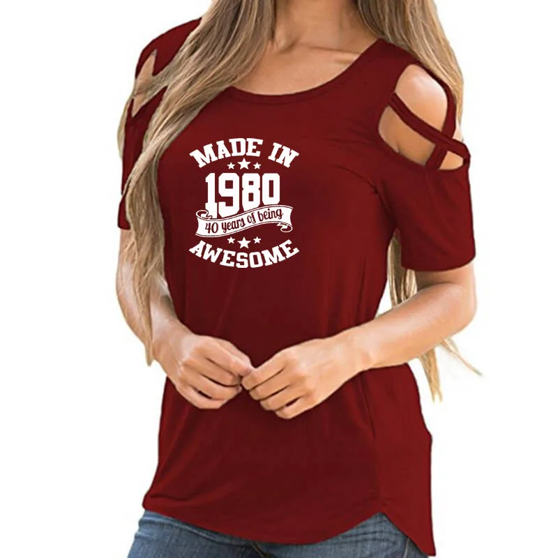 Женская Винтажная футболка в стиле Харадзюку с открытыми плечами модель 80-40 лет