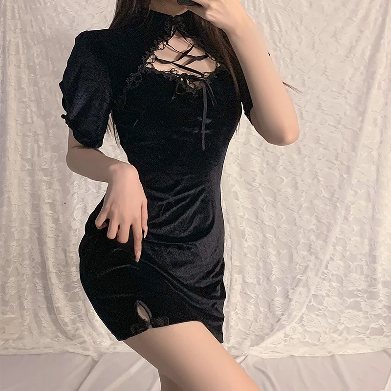 

Chinese Traditional Dress Women Sexy Lingerie Sleepwear Temptation Clothing China Style Velvet Bandage hip skirt Cheongsam Qipao