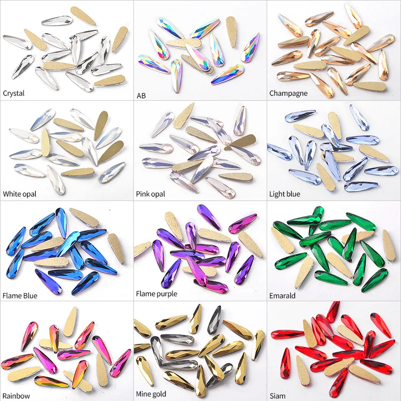 

20pcs/lot Many Colors Waterdrop Shape Nail Diamond 3*10mm Stone Strass Glass Rhinestones For 3D Nails Art Decorations