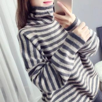 

Women Knit Pullover Fashion Turtleneck Striped Print Sweater Korean Style Loose Casual Full Sleeve Sweaters