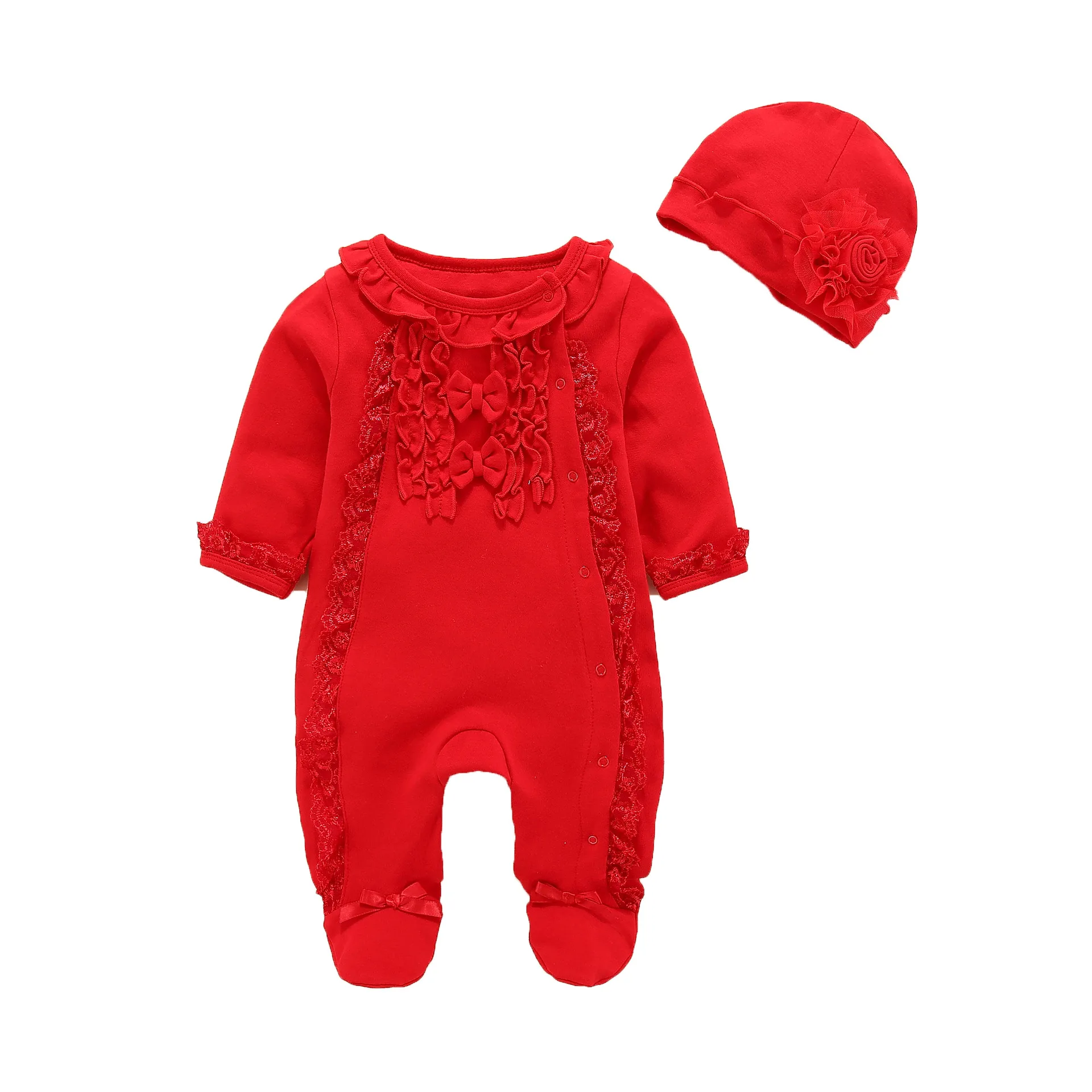 Newborn Baby Jumpsuit With Footies Cotton Pink Lace Ruffle Footies Long Sleeve Jumpsuit Outfit 0 3 6 Months Baby Girl Clothing