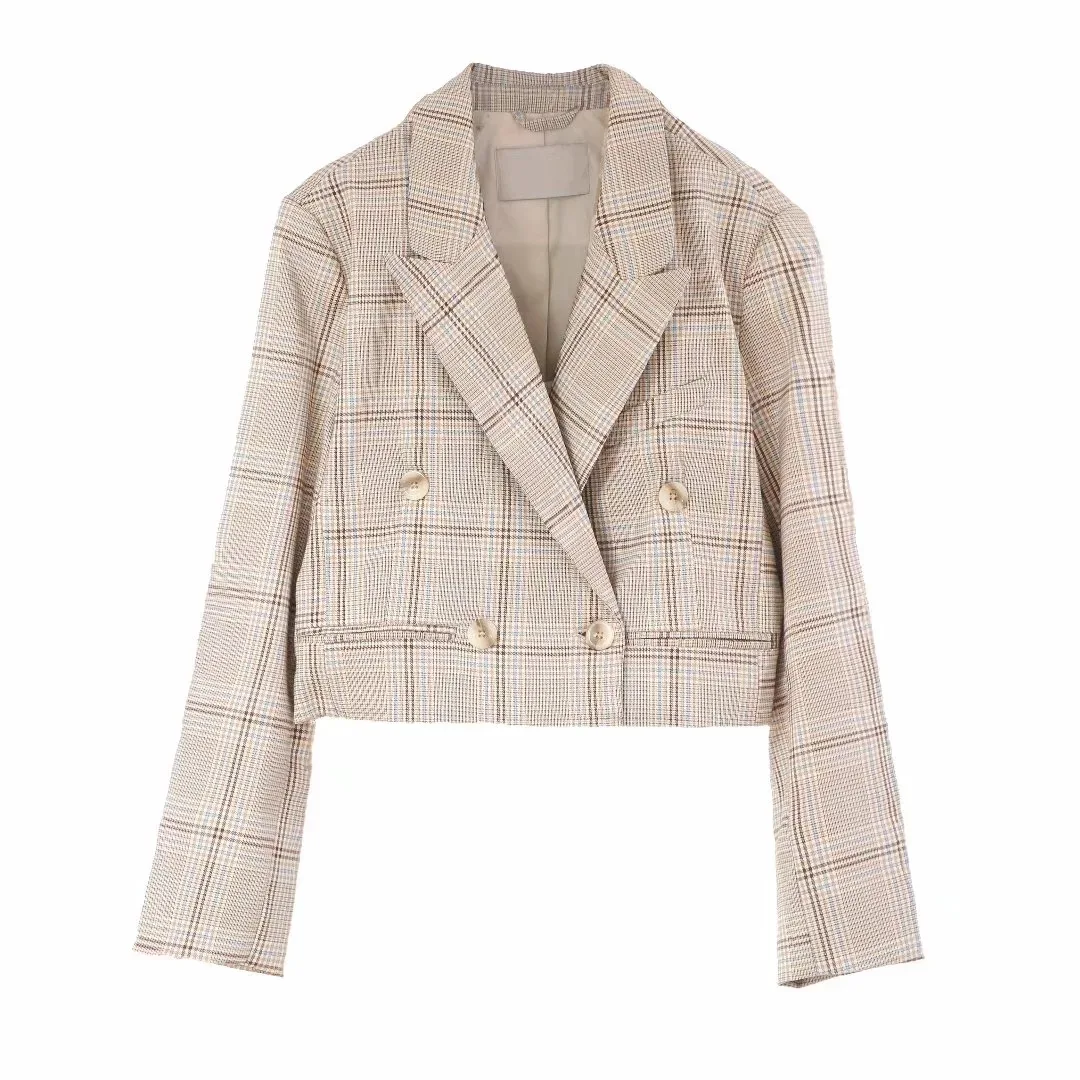 

Women's casual short blazer 2019 autumn double-breasted fashion long-sleeved plaid jacket suit female Retro wild short jacket