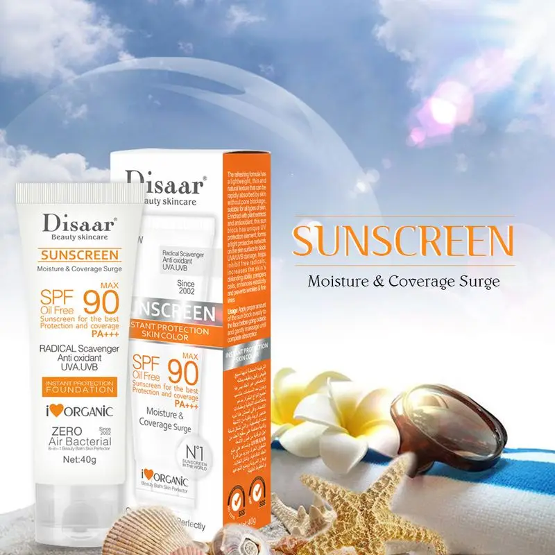 Disaar Facial Body Sunscreen Cream Beauty Skin Care Spf Max 90 Oil Free Radical Scavenger Anti Oxidant UVA/UVB 40g Sunblock