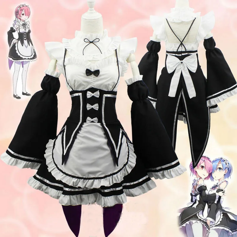 

Anime Re:zero Kara Hajimeru Isekai Seikatsu Life In a Different World Ram Rem Cosplay Costume Maid Dress Wig Halloween Costume