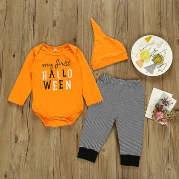 

Newborn Infant Baby Boy Girl Halloween Letter Romper Pumkin Pants Hat Cap Outfit Autumn Toddler Baby's Clothing Sets
