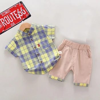 

summer baby blue plaid shirt boys Toddler 1-2-3Y children clothes 2pcs set kids Outfit Infant Vacation Costume