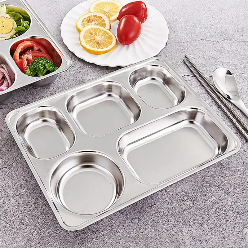 Stainless Steel Divided Dinner Tray Lunch Container Food Plate for School Canteen 3/5/4 Section