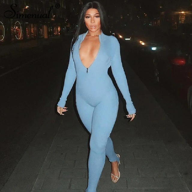 US $13.76 Simenual Ribbed Fitness Active Wear Rompers Womens Jumpsuit Zipper V Neck Sexy Fashion 2019 Long Sl