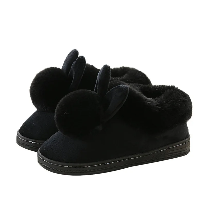 SHUJIN/женские осенне-зимние хлопковые тапочки с мехом кролика; домашняя теплая хлопковая обувь на толстой подошве; - Цвет: Black