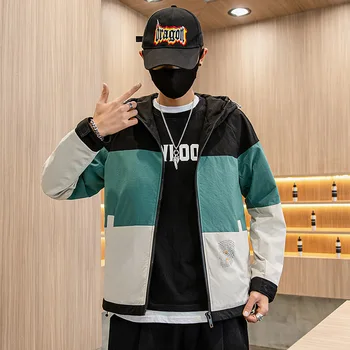

2020 Spring and Autumn New Trend INS Hooded Loose Jacket Men's Color Matching Casual Jacket Men