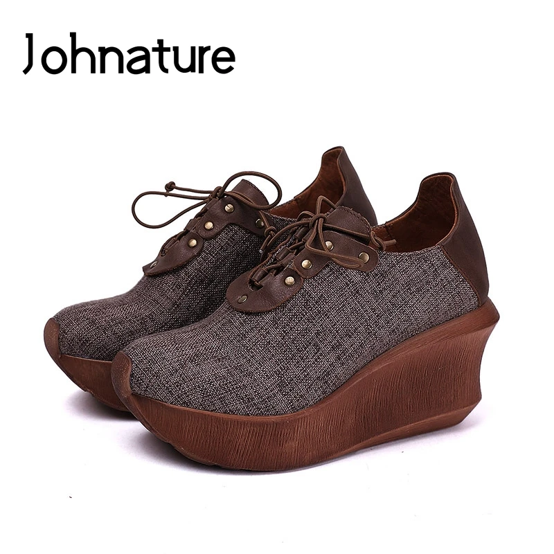 

Johnature Platform Heels Genuine Leather Pumps Women Shoes Casual Retro Round Toe Lace-up 2019 New Autumn Handmade Ladies Shoes