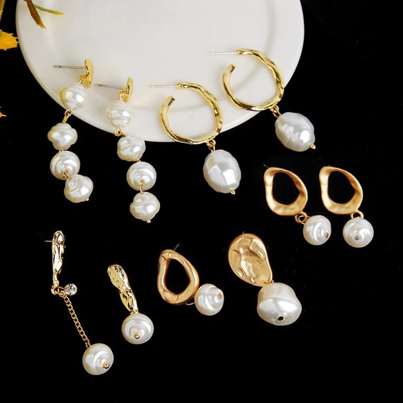 1Pair Big Simulated Pearl Earrings For Women Lover Geometric Gold Round Heart Drop Dangle Earring Korean Statement Jewelry